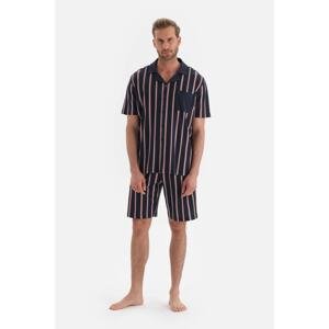 Dagi Navy Blue Shirt Collar Striped Cotton Shorts Pajama Set