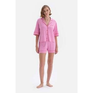 Dagi Pink Shirt Collar Short Sleeved Shorts Knitted Pajamas Set