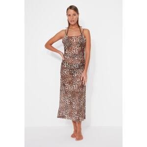 Trendyol Animal Patterned Fitted Maxi Woven Gathered Beach Dress