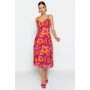 Trendyol Pink Floral Pattern With a Slit Detail Lined Tulle Straps Open-Air Midi Dress