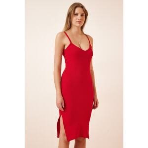 Happiness İstanbul Women's Red Knitted Straps and Slit Dress