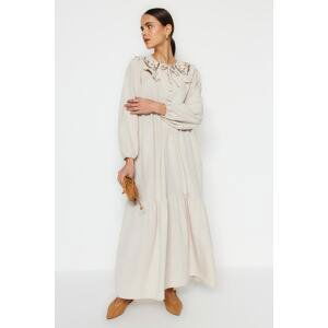 Trendyol Cream Collar With Embroidered Half Pats, Linen-Look Woven Dress