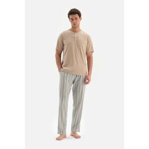 Dagi Beige Half-Pleat Striped Bottom Knitted Pajamas Set