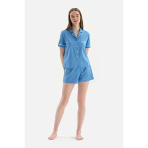 Dagi Blue Shirt Collar Scalloped Pile Detailed Knitted Pajamas Set