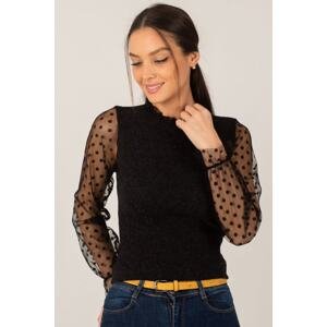 armonika Women's Black Corduroy Knitwear Sweater with Tulle Sleeves and Collar