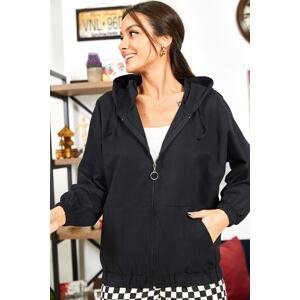 armonika Women's Black Hooded Zipper Oversize Sweatshirt