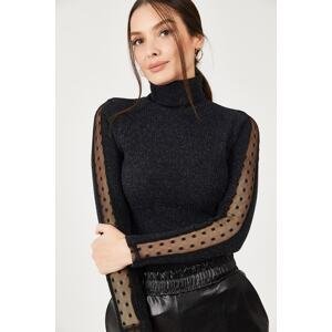 armonika Women's Black Neck Sleeve Lace Detail Knitwear Sweater