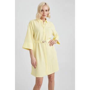 DEFACTO Shirt Collar Linen Blend Mini Long Sleeve Dress