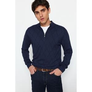 Trendyol Navy Blue Men's Slim Fit Half Turtleneck Zipper Collar Cotton Smart Knitwear Sweater