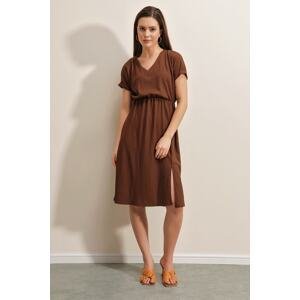 Bigdart 2378 V-Neck Knitted Dress with Slits - Brown