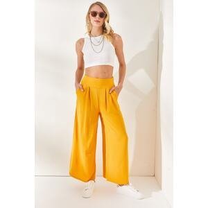 Olalook Women's Yellow Flowy Trousers with Zippered Side, Pockets and Pleat Detail