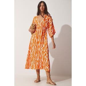 Happiness İstanbul Women's Orange Deep V-Neck Summer Long Viscose Dress