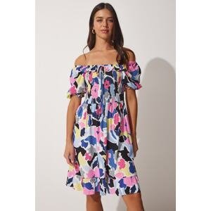 Happiness İstanbul Women's Pink Blue Floral Pleated Carmen Collar Summer Viscose Dress