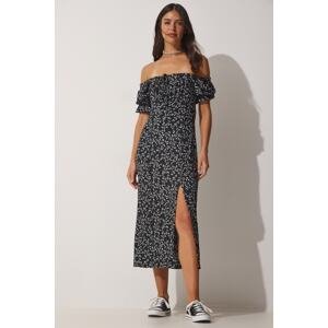 Happiness İstanbul Women's Black Floral Pleated Summer Knitted Dress