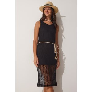 Happiness İstanbul Women's Black Knitted Dress With A Rope Belt and Lace Texture