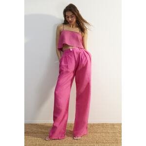 Trendyol Pink 100% Linen Pleated High Waist Wide Leg Trousers