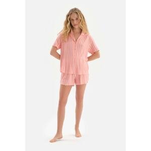 Dagi Salmon Shirt Collar Striped Knitted Shorts Pajamas Set