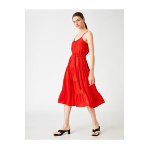 Koton Strap Midi Dress Belted Frilly Satin Look