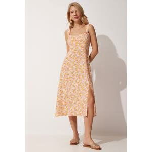 Happiness İstanbul Women's Yellow Orange Square Collar Floral Summer Viscose Dress