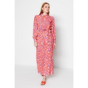 Trendyol Pomegranate Flower Patterned Woven Dress with Belted Rib Detail