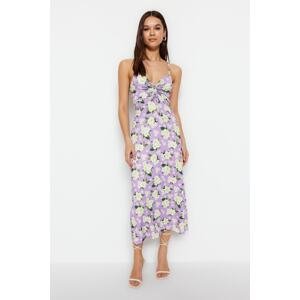 Trendyol Lilac Floral Pattern Shirring Detailed A-Line Midi Sweetheart Neck Straps, Flexible Knitted Dress