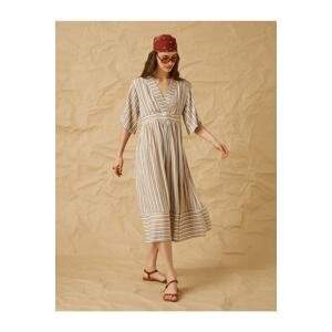 Koton Short Flowy Sleeve V-Neck Striped Long Dress