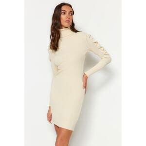 Trendyol Stone Mini Knitwear Turtleneck Sleeve Shirring Detailed Dress