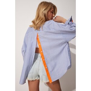 Happiness İstanbul Women's Blue Orange Ribbon And Button Detailed Striped Oversize Shirt