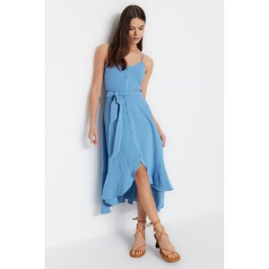 Trendyol Indigo Belted Waist Opening Midi Woven Flounce Woven Dress