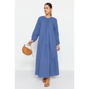 Trendyol Indigo Shirring Detail 100% Cotton Muslin Wide Fit Lined Woven Dress