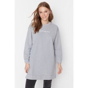 Trendyol Gray Crew Neck Slit Detailed Printed Knitted Sweatshirt