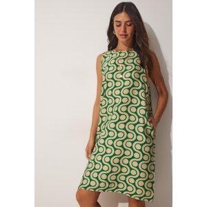 Happiness İstanbul Women's Beige Green Patterned Cotton A-Line Dress