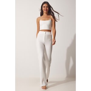 Happiness İstanbul Women's White Slim Striped Crop, Blouse and Pants Suit