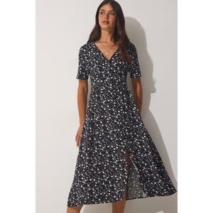 Happiness İstanbul Women's Black Floral Viscose Summer Dress with One Button
