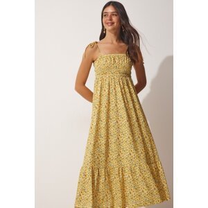 Happiness İstanbul Women's Yellow Floral Halter Knitted Summer Dress