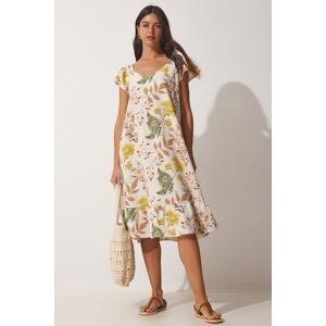 Happiness İstanbul Women's Cream Biscuit Patterned Linen Summer Dress