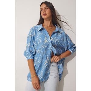 Happiness İstanbul Women's Sky Blue Ecru Patterned Oversized Woven Shirt