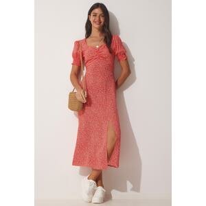 Happiness İstanbul Women's Red Pleated Heart Collar Summer Viscose Dress