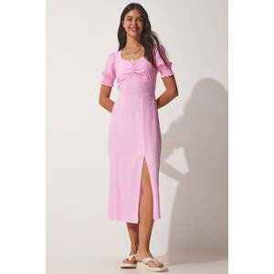 Happiness İstanbul Women's Pink Pleated Sweetheart Viscose Summer Dress