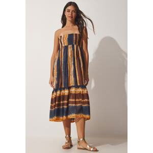 Happiness İstanbul Women's Brown Tie-Dye Patterned Strapless Skirt Dress
