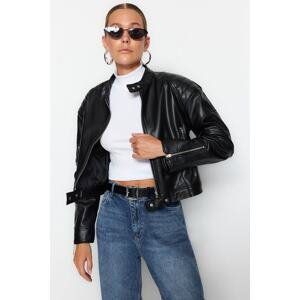 Trendyol Black Crop Faux Leather Biker Jacket Coat