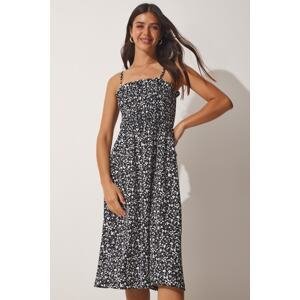 Happiness İstanbul Women's Black Viscose Summer Dress with Straps and Flowers