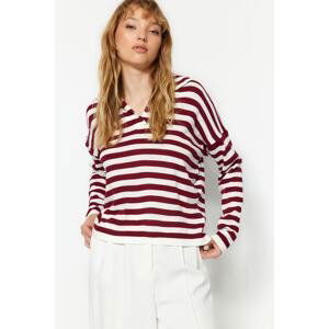 Trendyol Claret Red Crop Striped Knitwear Sweater