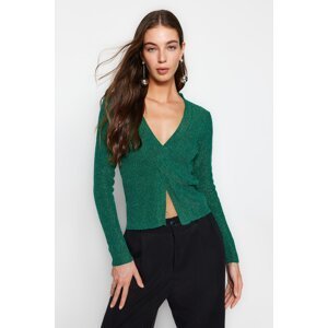 Trendyol Smaragdově zelený měkký texturovaný stříbřitý štěrbinový detail pletený svetr
