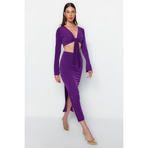Trendyol Purple Lace-Up Detail Super Crop and Midi Flexible Knitted Top and Bottom Set