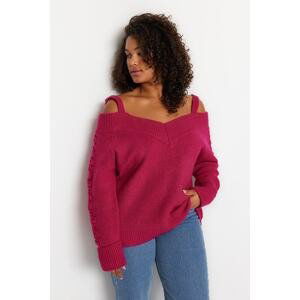 Trendyol Curve Pink Wide Collar Strap Detailed Knitwear Sweater