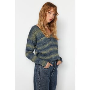 Trendyol Blue Soft Textured Gradient V-Neck Knitwear Sweater