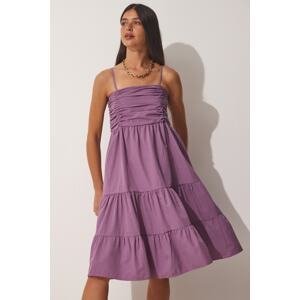 Happiness İstanbul Women's Lilac Straps, Flounces Summer Poplin Dress
