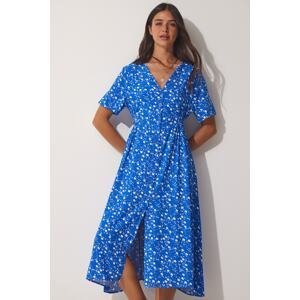 Happiness İstanbul Women's Blue Floral Viscose Summer Dress with One Button