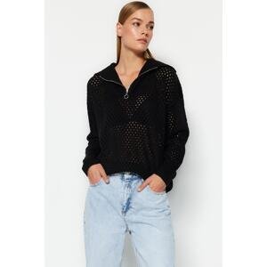 Trendyol Black Polo Collar Knitwear Sweater with Openwork/Perforations